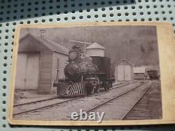 TWO 19th C. Photograph Bristol, VT RR YARD STEAM LOCOMOTIVES Sign John Kilbourn