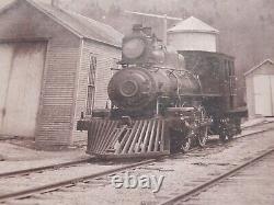 TWO 19th C. Photograph Bristol, VT RR YARD STEAM LOCOMOTIVES Sign John Kilbourn