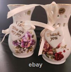 TWO Lily Creek 24K Gold Floral Vases Purple Gold Flowers Trinket Decor VTG Set
