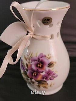 TWO Lily Creek 24K Gold Floral Vases Purple Gold Flowers Trinket Decor VTG Set