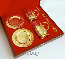 Tea set for two persons, Luxury expensive gift. Holiday, joyful event, gilding