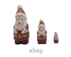 Three Pc Nesting Santa Claus Set Two French Limoges Trinket Box One Figurine