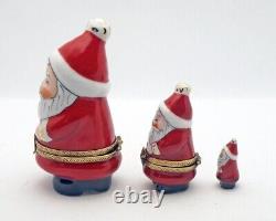 Three Pc Nesting Santa Claus Set Two French Limoges Trinket Box One Figurine