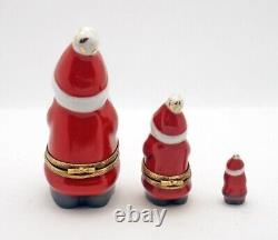 Three Pc Nesting Santa Claus Set Two French Limoges Trinket Box One Figurine