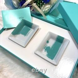 Tiffany & Co. Vid Poche Mini Square Ceramic Plate Set White Turquoise NEW Unused