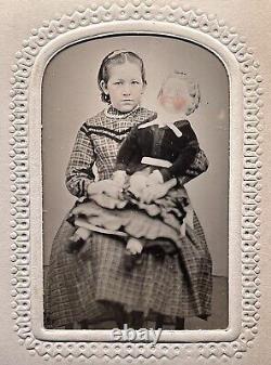 Tintype Rare Matching & Identified Portraits Of A Girl & Her Pumpkin Head Doll