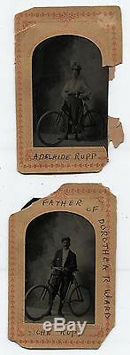 Tintype Woman With Bicycle, Man With Bicycle. ID On Matt, Two Set