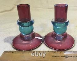Two (2) Set Chatham Glass Multicolored Candlesticks Beautiful