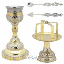Two Colored High Quality Brass Chalice Set 5 Pieces Paten Lance Divine Liturgy