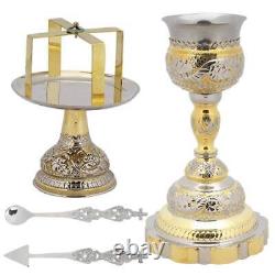Two-Colored Quality Orthodox Church Brass Chalice Set Paten Lance Divine Liturgy