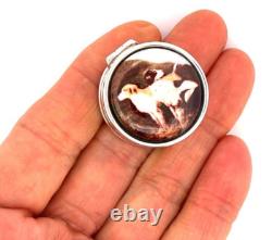 Two Dogs Pill Box 925 Hallmarked Sterling Silver Set With Hand Painted Enamel