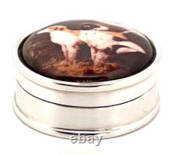 Two Dogs Pill Box 925 Hallmarked Sterling Silver Set With Hand Painted Enamel