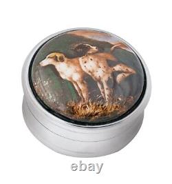 Two Dogs Pill Box 925 Sterling Silver English Hallmarks Set With Hand Painted