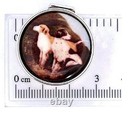 Two Dogs Pill Box 925 Sterling Silver English Hallmarks Set With Hand Painted