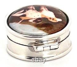 Two Dogs Pill Box 925 Sterling Silver English Hallmarks Set With Hand Painted