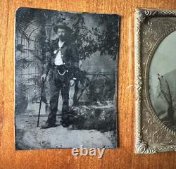 Two Original Antique Tintype Police Sheriff Wearing Badge & BLACK BART Outlaw