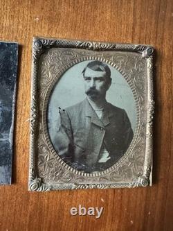 Two Original Antique Tintype Police Sheriff Wearing Badge & BLACK BART Outlaw