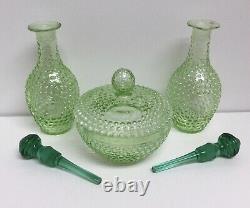 Two Perfume Bottles Powder Jar Set Vintage Apple Green Hobnail