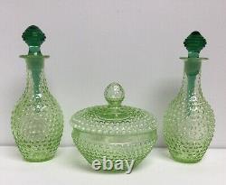 Two Perfume Bottles Powder Jar Set Vintage Apple Green Hobnail