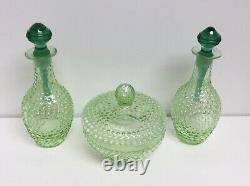 Two Perfume Bottles Powder Jar Set Vintage Apple Green Hobnail