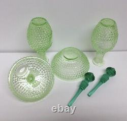 Two Perfume Bottles Powder Jar Set Vintage Apple Green Hobnail