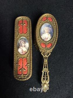Two Piece French Antique Brass Dresser Set with Hand Painted Portraits
