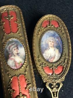 Two Piece French Antique Brass Dresser Set with Hand Painted Portraits