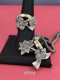 Two-Tone Sterling Silver 16 Flowers and Hummingbirds Chain Set With Sz 8 Ring