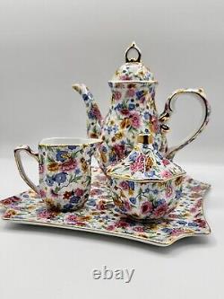 Two's Company Tray Tea Set Teapot Sugar Bowl Creamer In Chintz Transfer Pattern