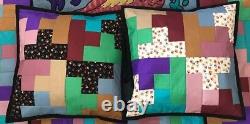 Unique Handmade Quilt and Two Pillow Set Silk, Satin, Denim Cats and Paw Prints