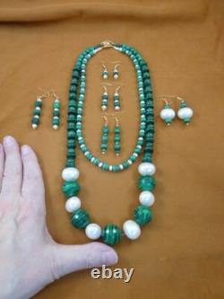 V493-15 Green Malachite + pearl gemstone 24 Necklace + 5 pairs earrings set