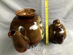 VINTAGE Ceramic set two teapots and saucer brown painting flowers soviet belarus