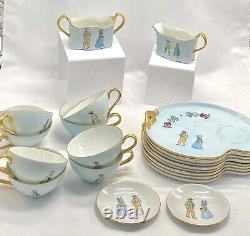 VTG Beautiful Porcelain WithGold AMISH Couple Set Of 8 Teacup/Snack Plates & More