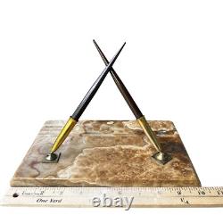 VTG Sheaffer Two Fountain Pens Desk Set 10 Inch Banded Onyx Stone Base 5503S