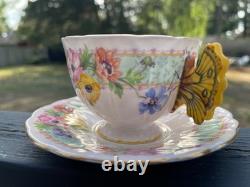 Vintage 1930's Aynsley Butterfly Handle Floral Pattern Tea Cup Saucer Very Rare