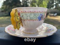 Vintage 1930's Aynsley Butterfly Handle Floral Pattern Tea Cup Saucer Very Rare