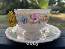 Vintage 1930's Aynsley Butterfly Handle Floral Pattern Tea Cup Saucer Very Rare