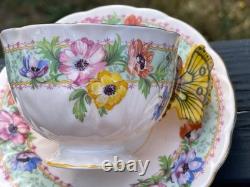 Vintage 1930's Aynsley Butterfly Handle Floral Pattern Tea Cup Saucer Very Rare