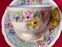 Vintage 1930's Aynsley Butterfly Handle Floral Pattern Tea Cup Saucer Very Rare