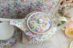 Vintage 8 Pc Porcelain Tea Pots Set Meander Floral For Two Cup And Plate Chintzy
