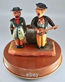 Vintage ANRI Hand Carved Wood Figural Two Men Singing Barware Set Made in ITALY