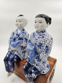 Vintage Asian Porcelain Chinoiserie Set Two Sitting Children Bird Cat Siblings