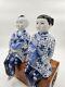 Vintage Asian Porcelain Chinoiserie Set Two Sitting Children Bird Cat Siblings