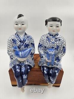 Vintage Asian Porcelain Chinoiserie Set Two Sitting Children Bird Cat Siblings