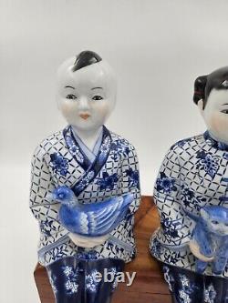 Vintage Asian Porcelain Chinoiserie Set Two Sitting Children Bird Cat Siblings