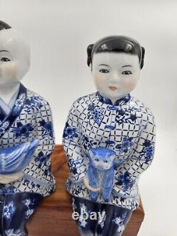 Vintage Asian Porcelain Chinoiserie Set Two Sitting Children Bird Cat Siblings