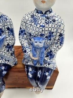 Vintage Asian Porcelain Chinoiserie Set Two Sitting Children Bird Cat Siblings