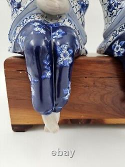 Vintage Asian Porcelain Chinoiserie Set Two Sitting Children Bird Cat Siblings