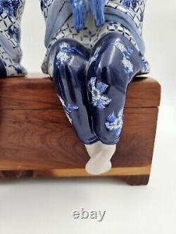 Vintage Asian Porcelain Chinoiserie Set Two Sitting Children Bird Cat Siblings