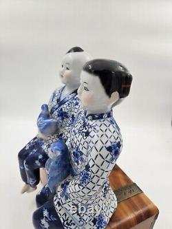 Vintage Asian Porcelain Chinoiserie Set Two Sitting Children Bird Cat Siblings